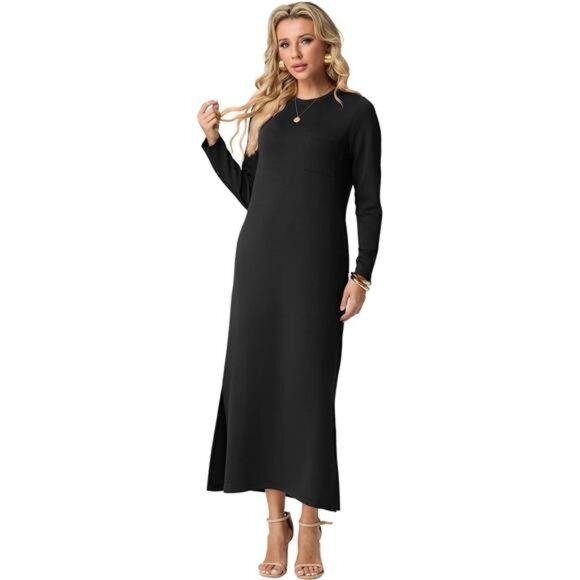 Women's Casual Round Neck Long Sleeve Loose Split Long Maxi Dress with Pockets - Picture 2 of 6